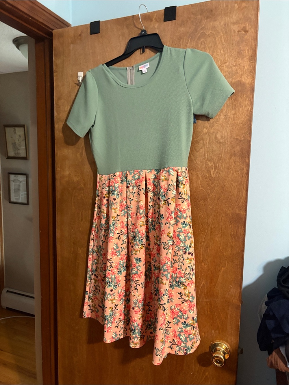 LuLaRoe Green Top Peach Floral Dress